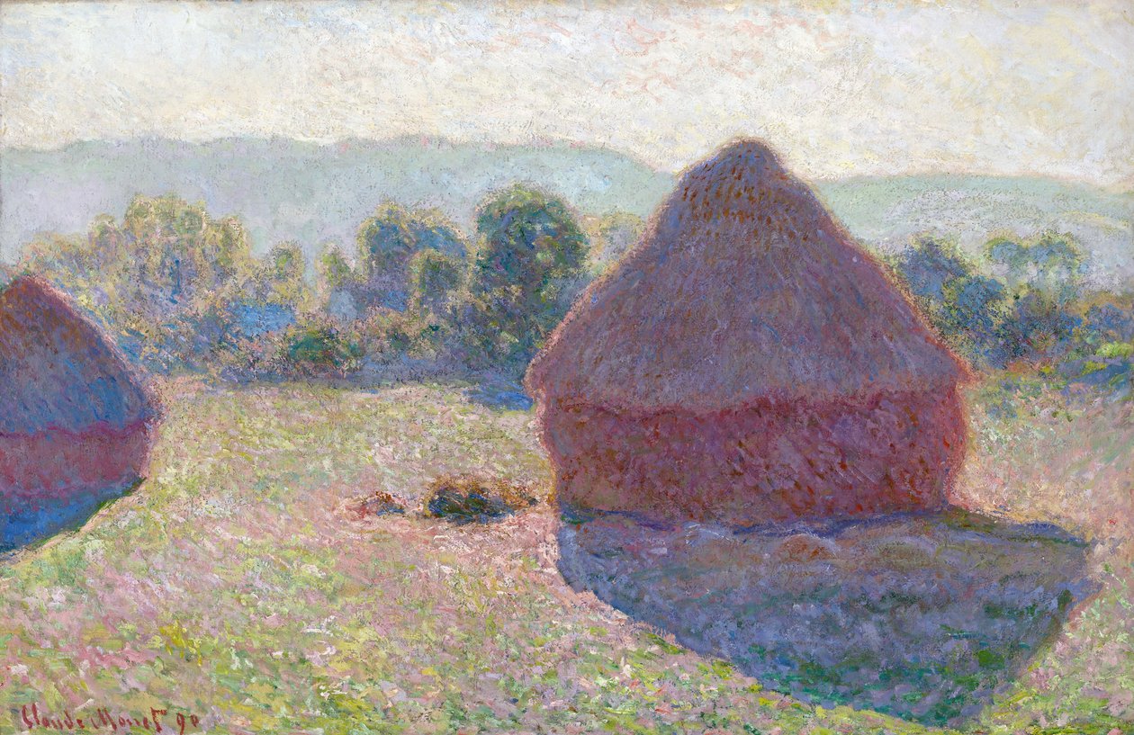 Les meules a midi (Haystacks, midday) - Peinture de Claude Monet (1840-1926), huile sur toile, 65,6x100,6 cm   1320526   no       norwegian Successfully Translated  Original: Panoramic View of the River Spaarne and the Haarlemmermeer Translat: Panoramic Vi av Claude Monet