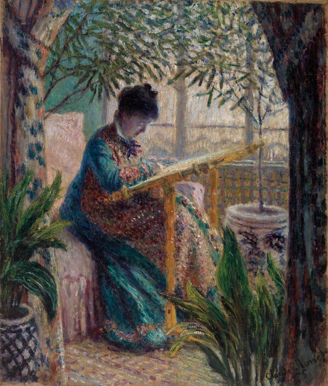 Madame Monet Brodering (Camille ved håndverket) av Claude Monet