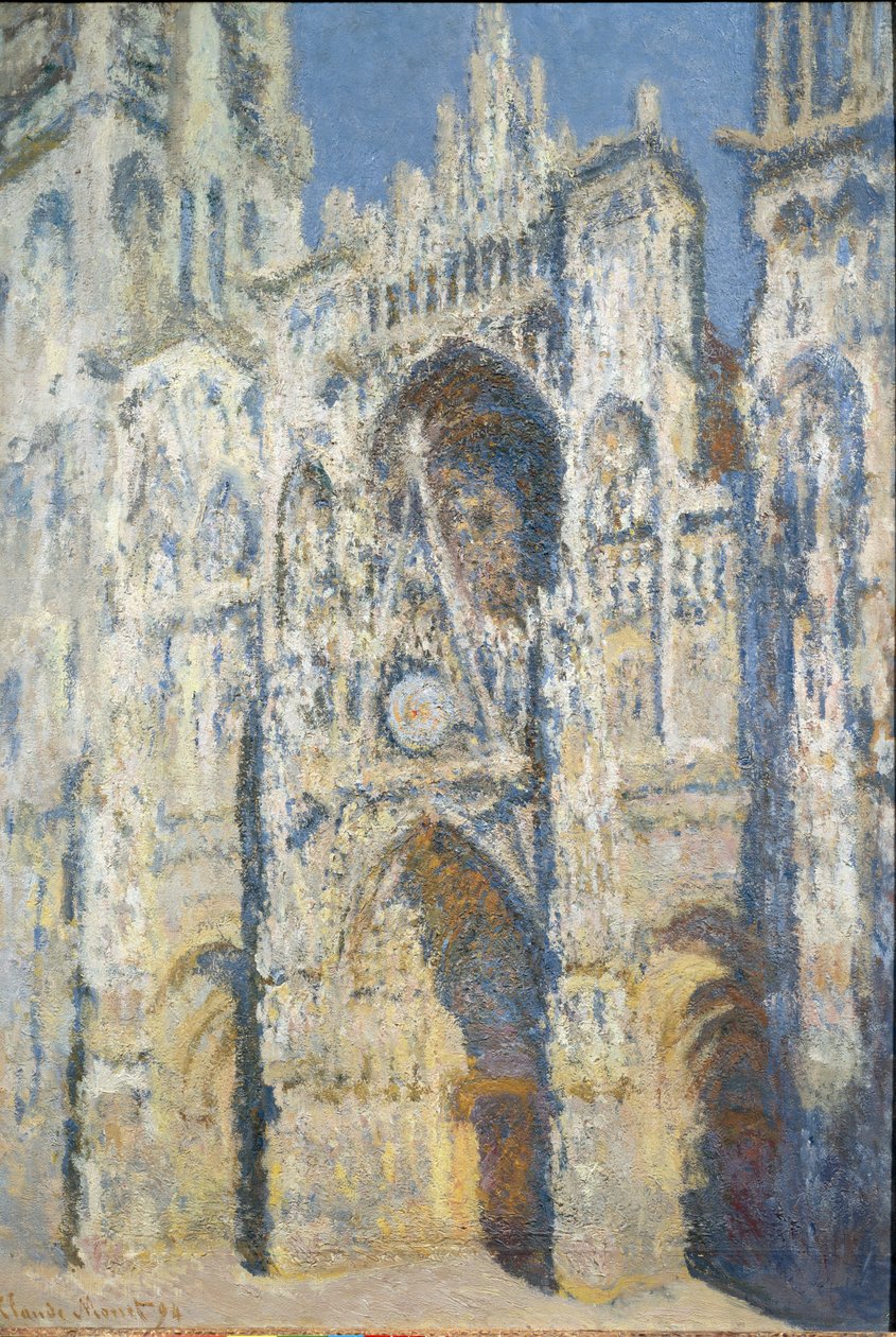 Rouen-katedralen, portalen og tårnet Saint Romain, full soleffekt, blå harmoni og gull - olje på lerret av Claude Monet