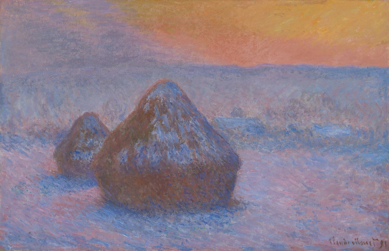 Stabler av hvete (solnedgang, snøeffekt) av Claude Monet