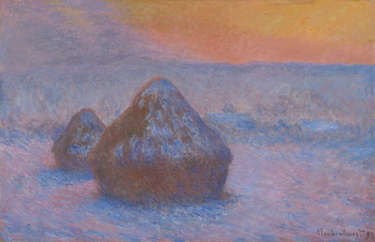 Stabler av hvete solnedgang, snøeffekt, 189091. av Claude Monet