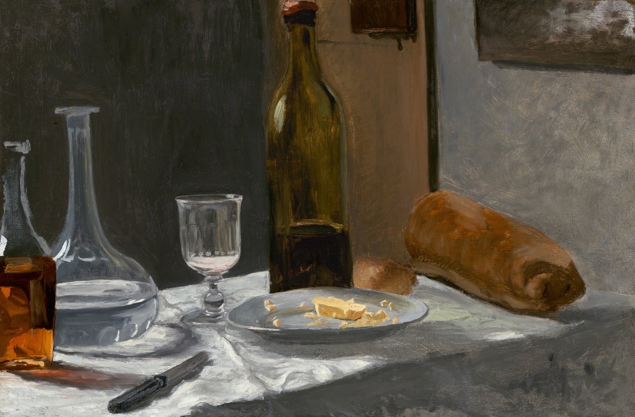 Stilleben med flaske, karaffel, brød og vin av Claude Monet
