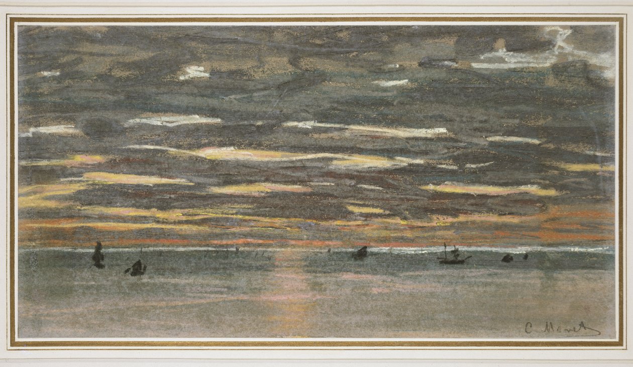 Solnedgang til sjøs, 1865-1870 (pastell på buff-papir) av Claude Monet