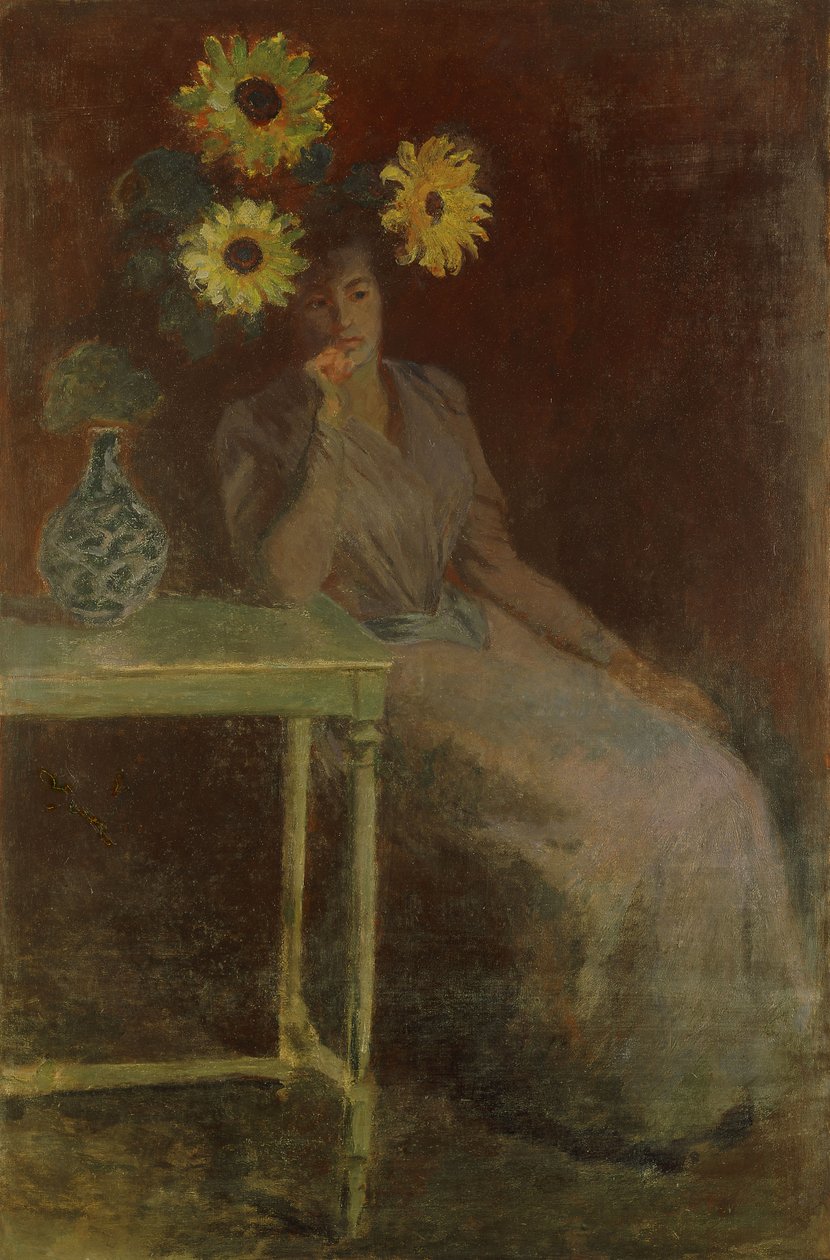 Suzanne med solsikker; Suzanne med solene, ca. 1889 av Claude Monet