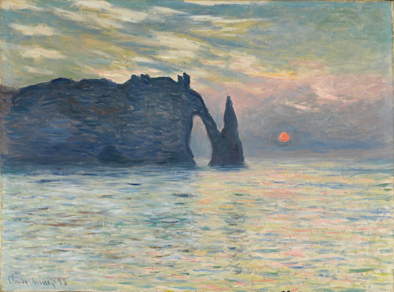 Klippen, Étretat, solnedgang, 1882-1883 av Claude Monet