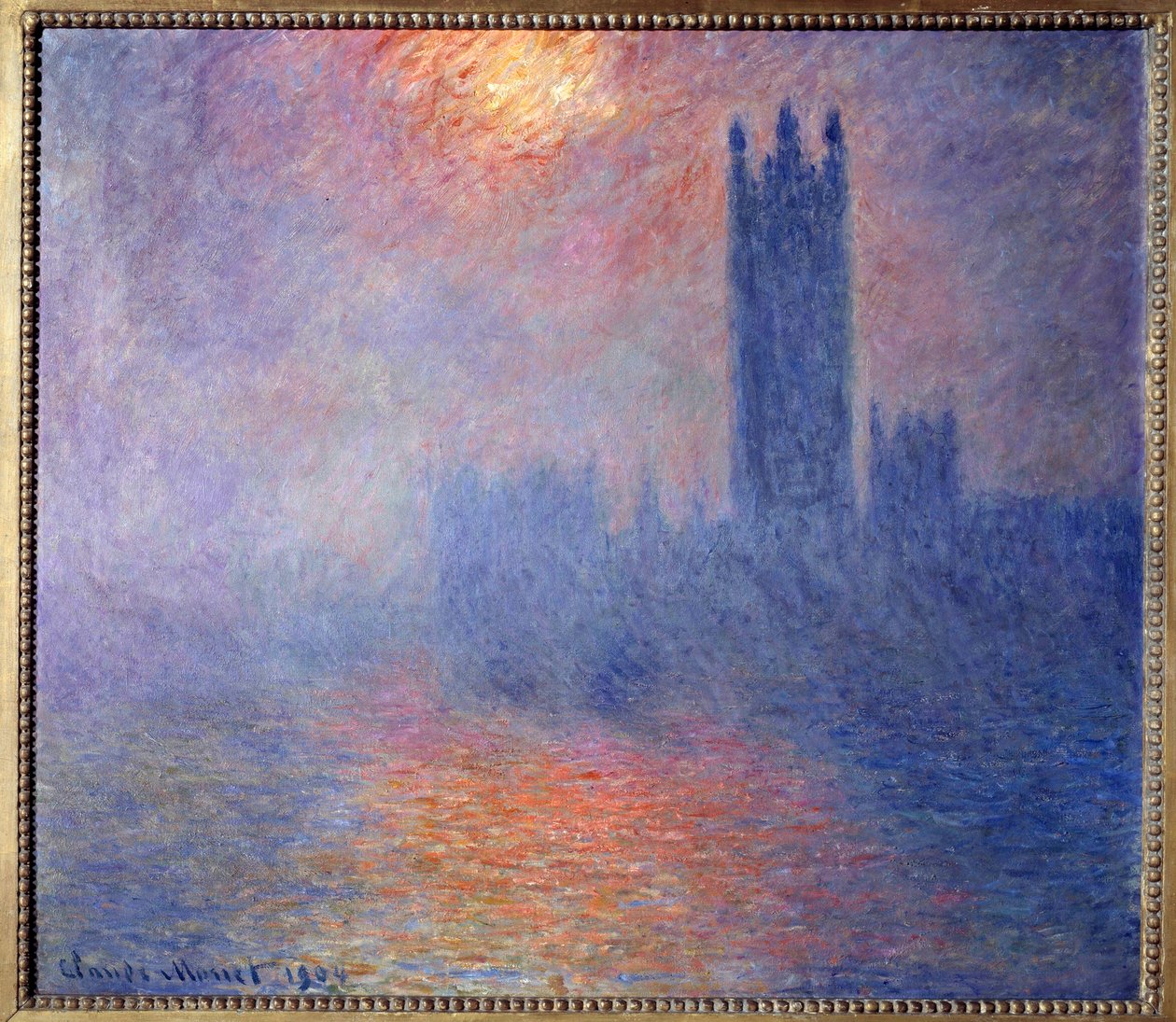 Houses of Parliament, London, med solen som bryter gjennom tåken av Claude Monet