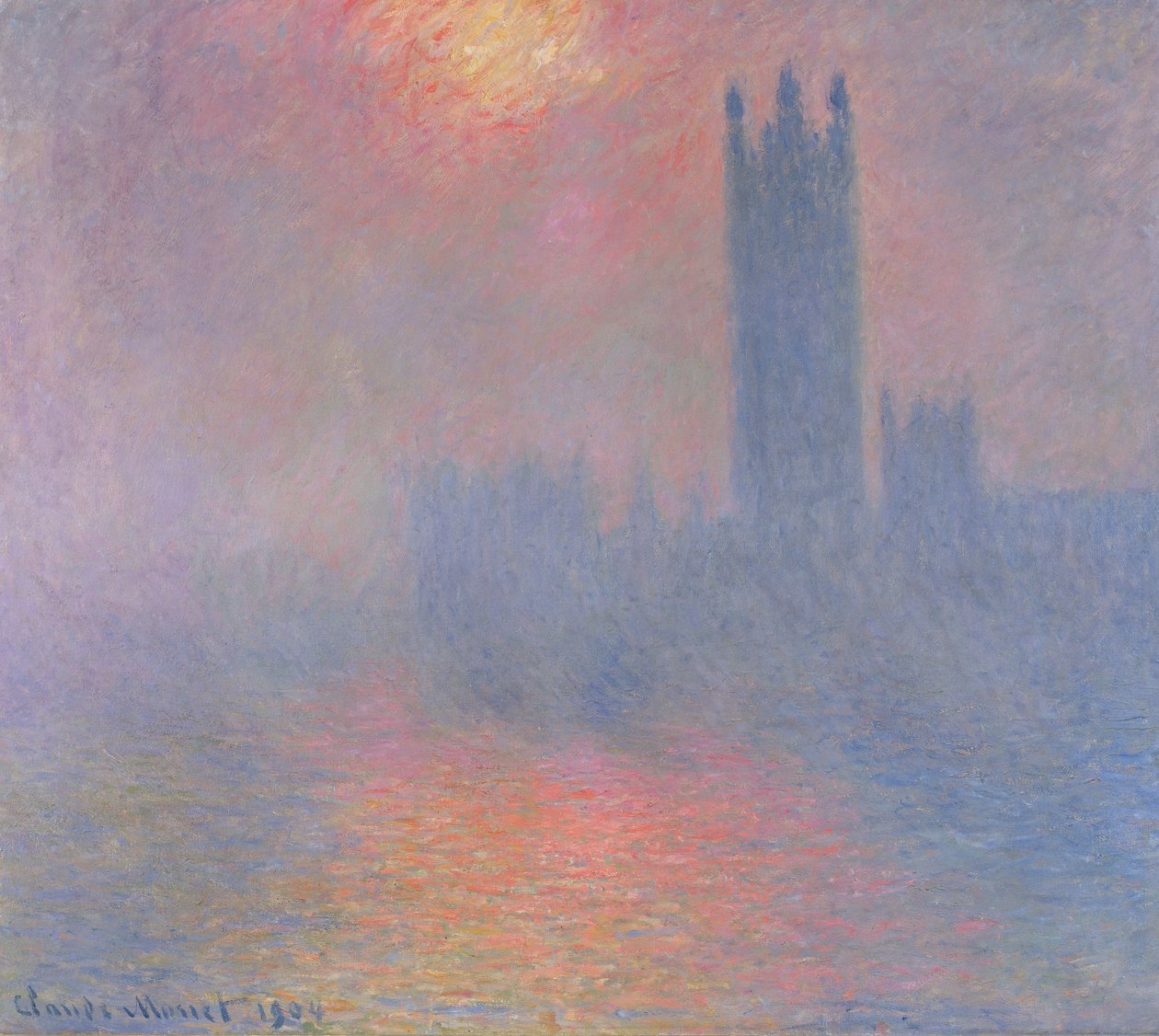 Houses of Parliament, London, med solen som bryter gjennom tåken, 1904 av Claude Monet