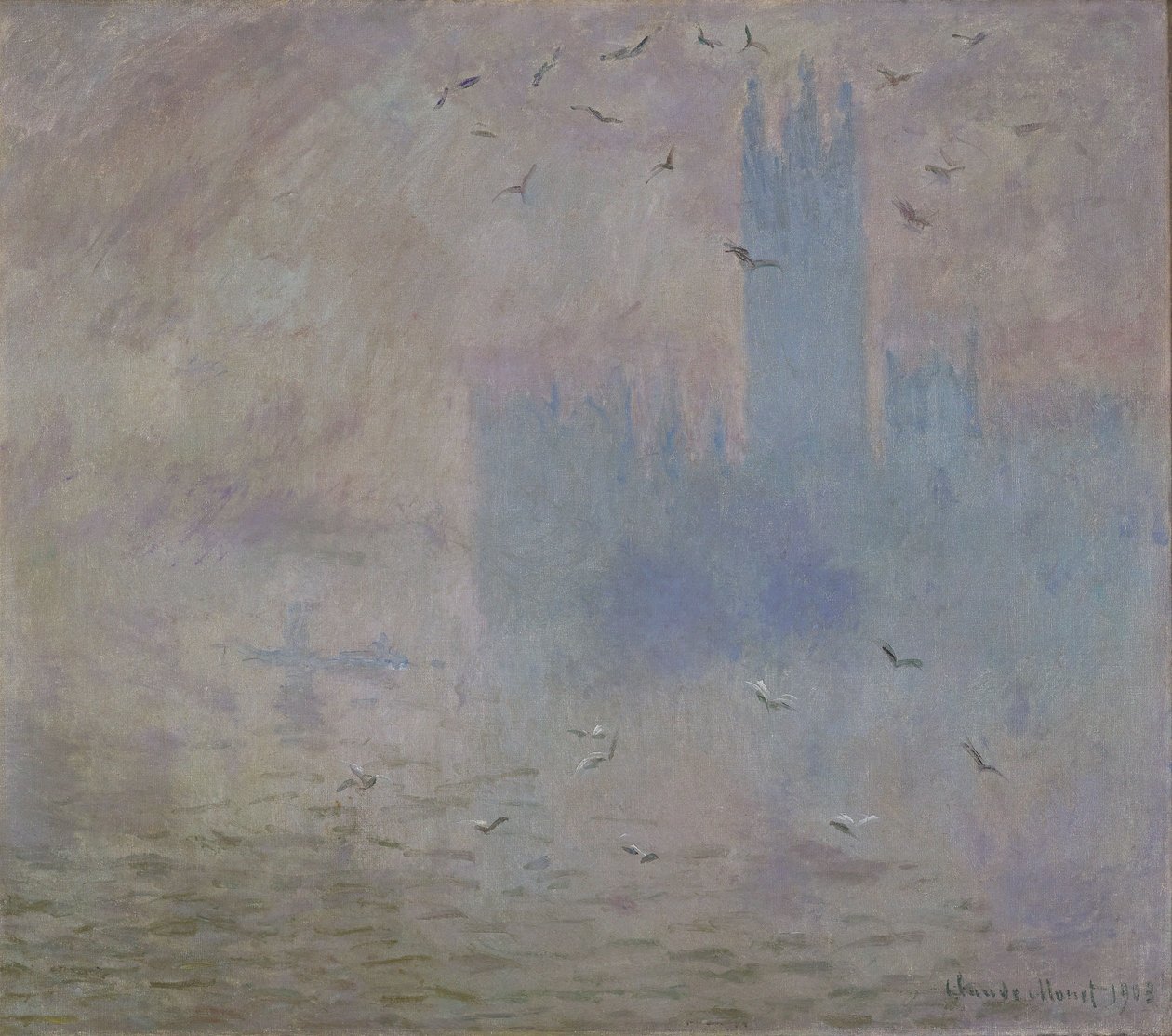 Parlamentsbygningene, måker av Claude Monet