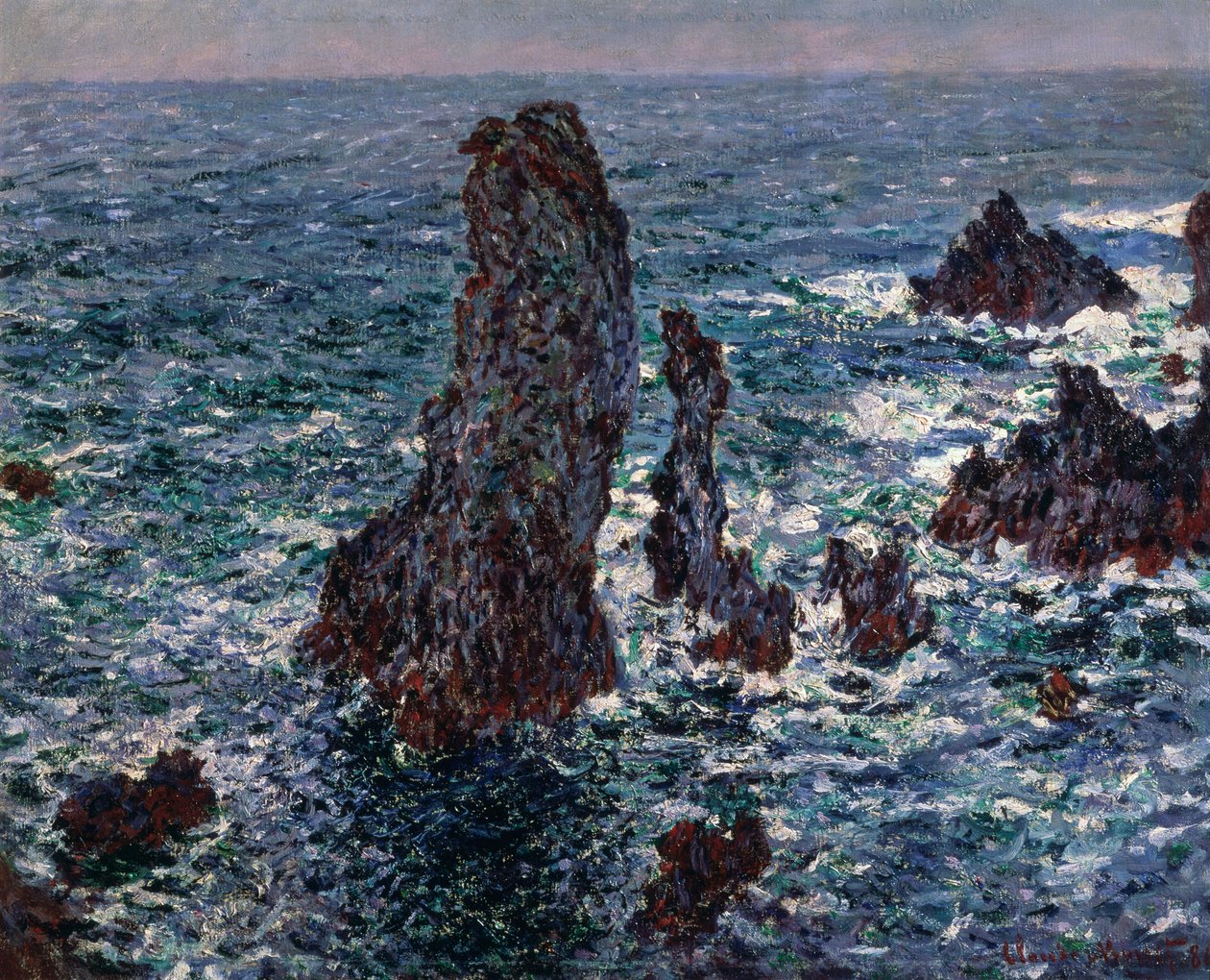 Steinene i Belle-Ile-pyramidene i Port-Coton, Wild Sea, 1886. av Claude Monet