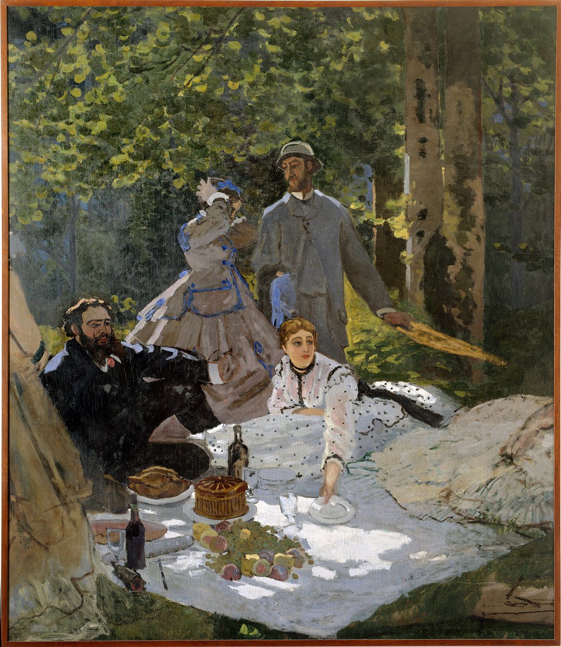 Frokosten på gresset (portrett av Frederic Bazille (1841-1870) i sentrum, Camille Doncieux (1847-1879) og Gustave Courbet (1819-1877) a Gauche) av Claude Monet
