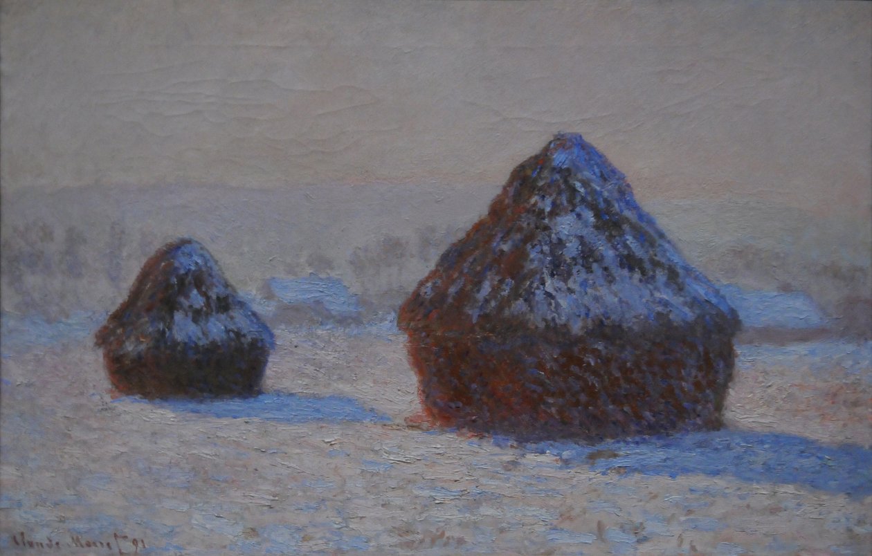 Wheatstacks, snøeffekt, morgen, 1891 av Claude Monet