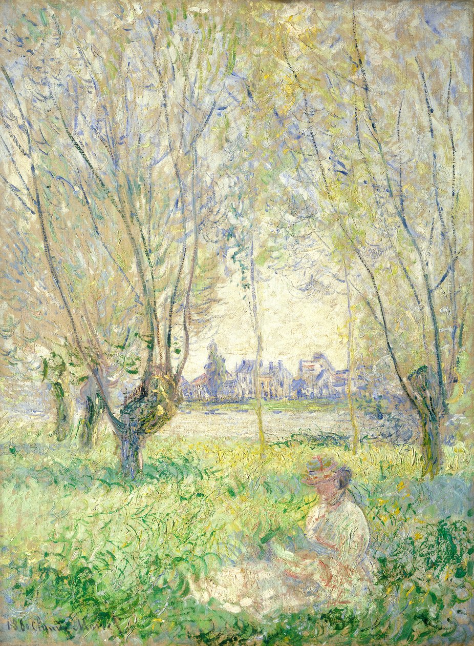 Kvinne som sitter under Willows av Claude Monet