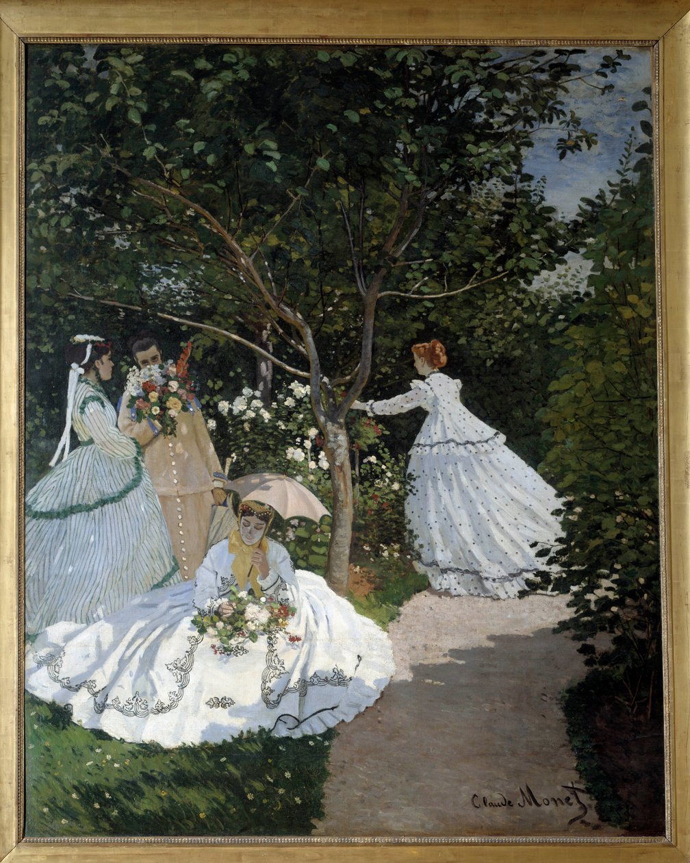 Kvinner i hagen en by i Avray Gruppe unge kvinner i en blomsterhage. Maleri av Claude Monet (1840-1926). 1867. Dim. 2,55 x 2,05 m. Paris, Musee d