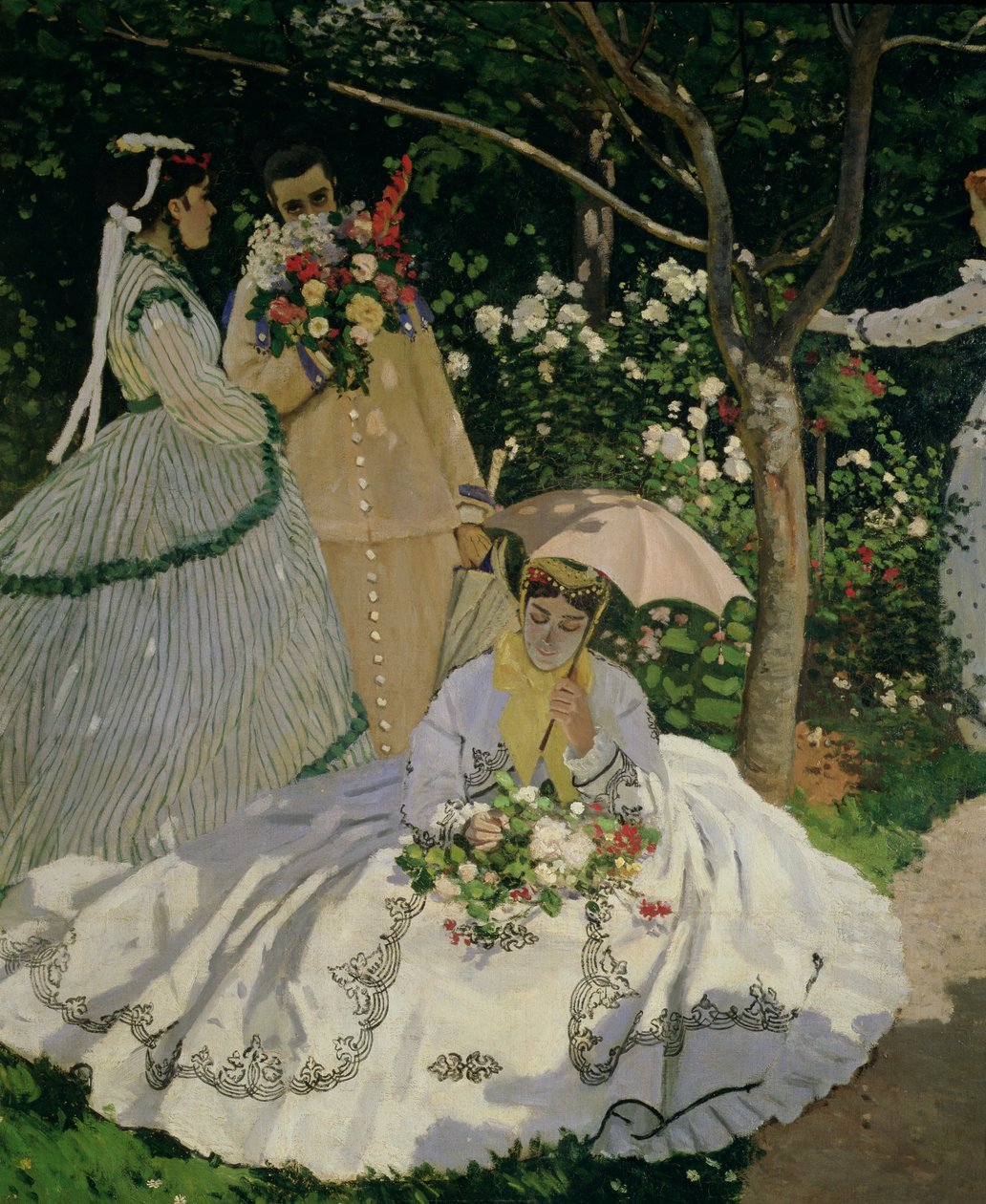 Women in the Garden, detalj av en sittende kvinne med en parasoll, 1866 olje på lerret detalj fra 2011 av Claude Monet