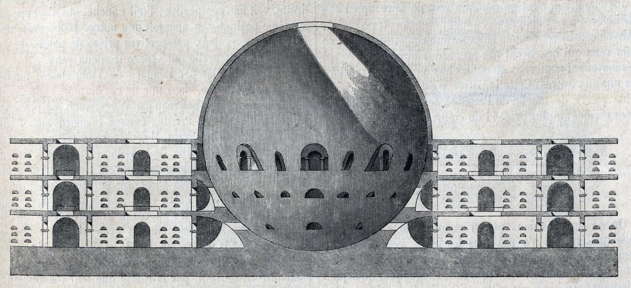 Tverrsnitt av en kirkegårdsplan for byen Chaux av Claude Nicolas Ledoux (1736-1806). av Claude Nicolas Ledoux