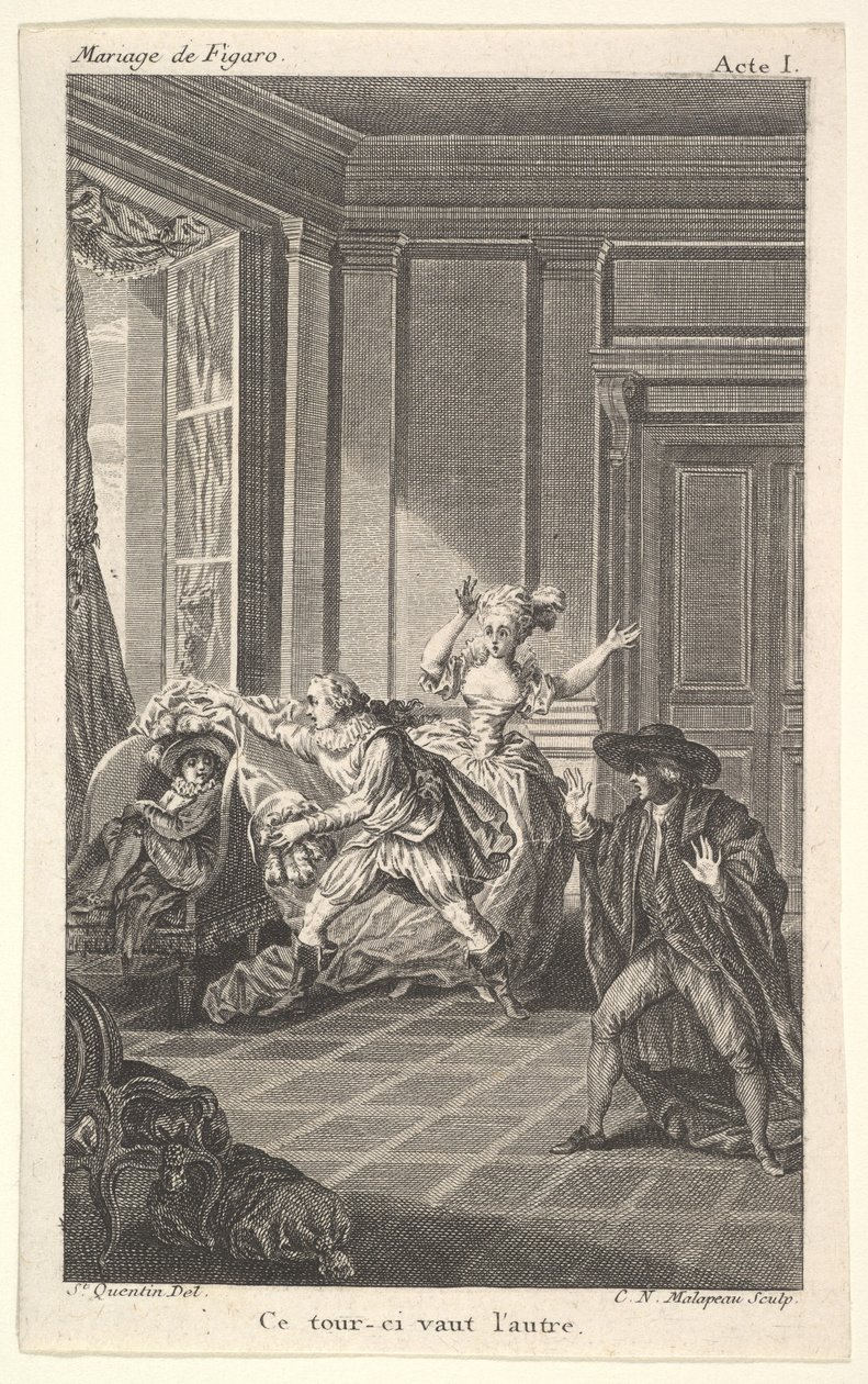 En mann krøllet sammen i en stol ser mot en annen mann som nærmer seg ham fra venstre i..., ca. 1784. av Claude Nicolas Malapeau
