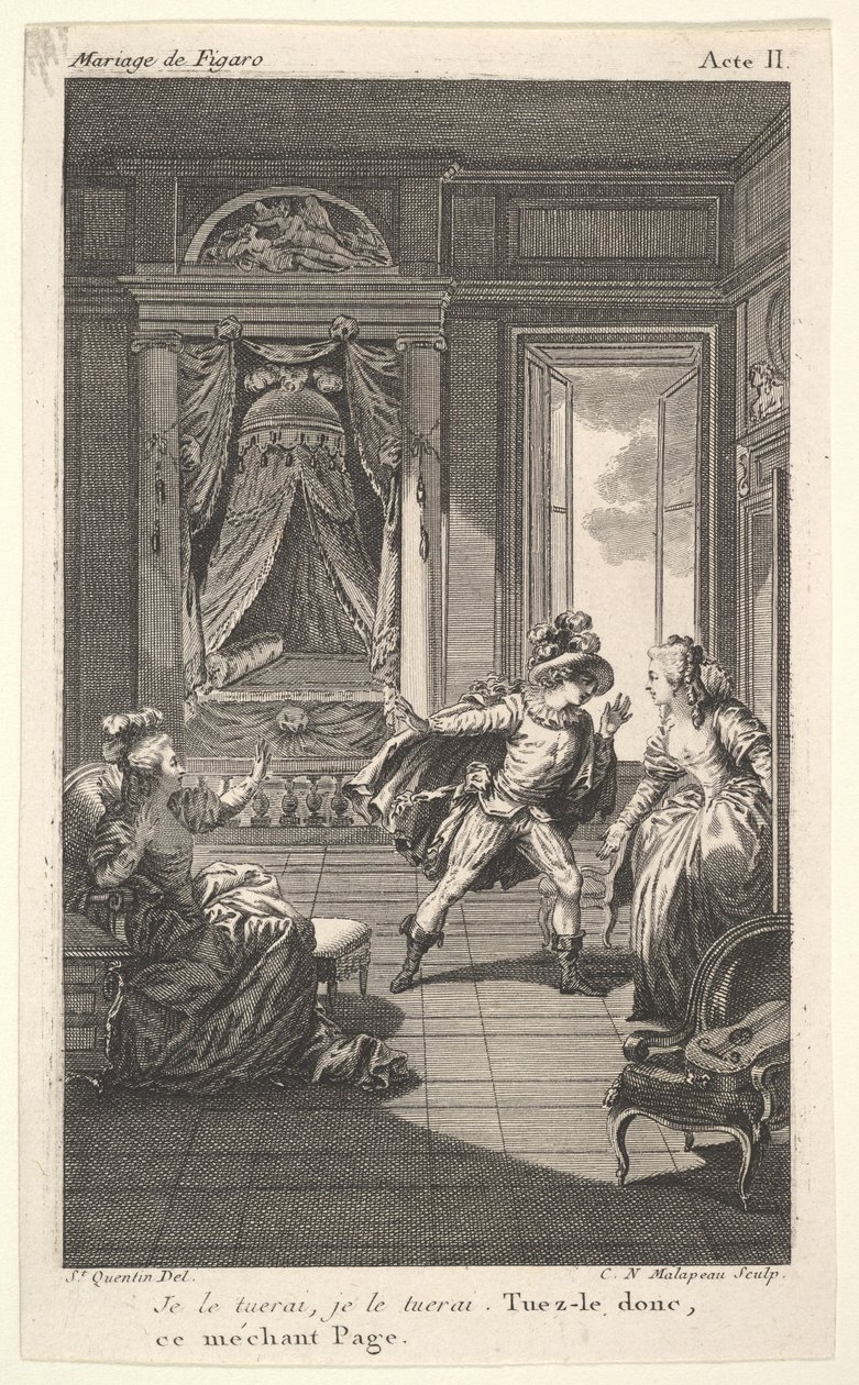 En mann lener seg mot en kvinne som står i en døråpning til høyre, til venstre en sittende kvinne reiser..., ca. 1784. av Claude Nicolas Malapeau