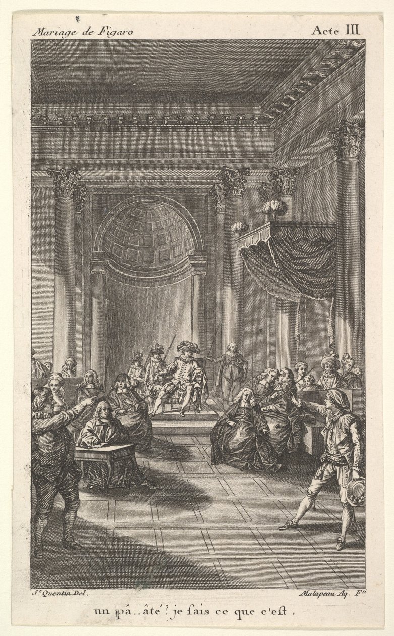 En mann som sitter i en stol på en trappetrinn holder et publikum, to pekende menn står..., ca. 1784. av Claude Nicolas Malapeau