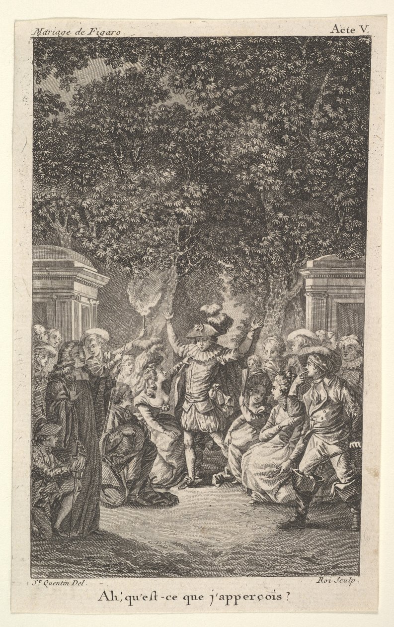 En ung gutt holder en lommelykt under trær i en hage, i midten løfter en mann begge armene, s..., ca. 1784. av Claude Nicolas Malapeau