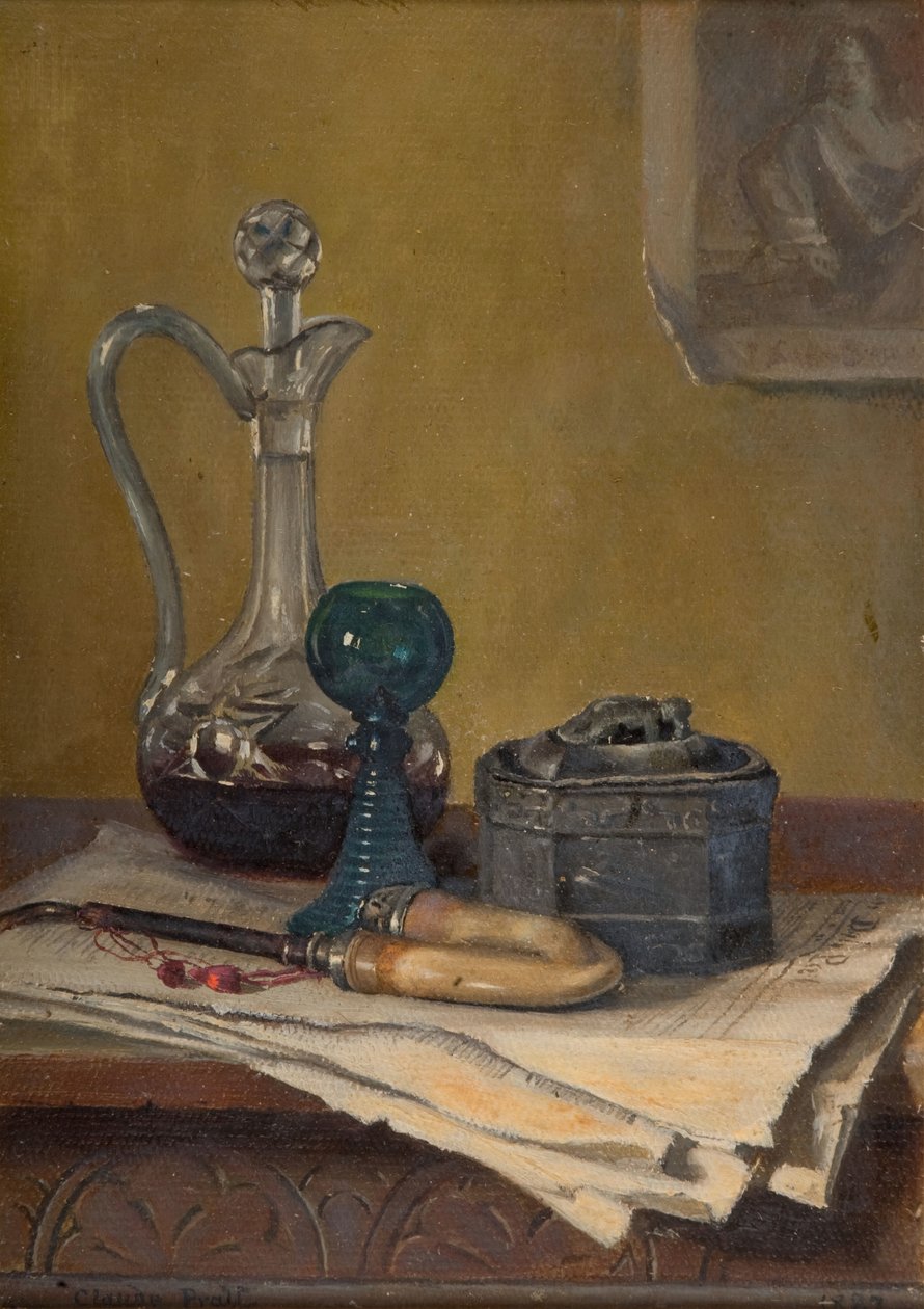 Stilleben av avis, rør, karaffel og krukke, 1887. av Claude Pratt