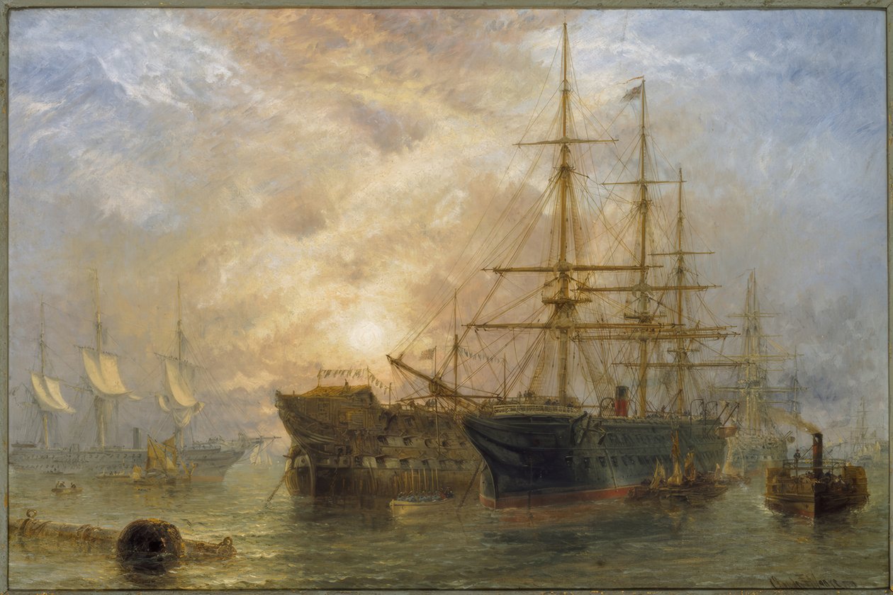 Hennes Majestets troppeskip mottar butikker i Portsmouth Ha av Claude T. Stanfield Moore