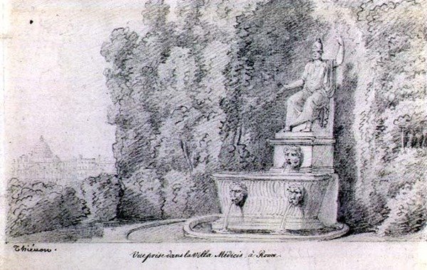 Utsikt over en fontene i hagen til Villa Medici, Roma, ca. 1815-20 (blyant på papir) av Claude Thienon