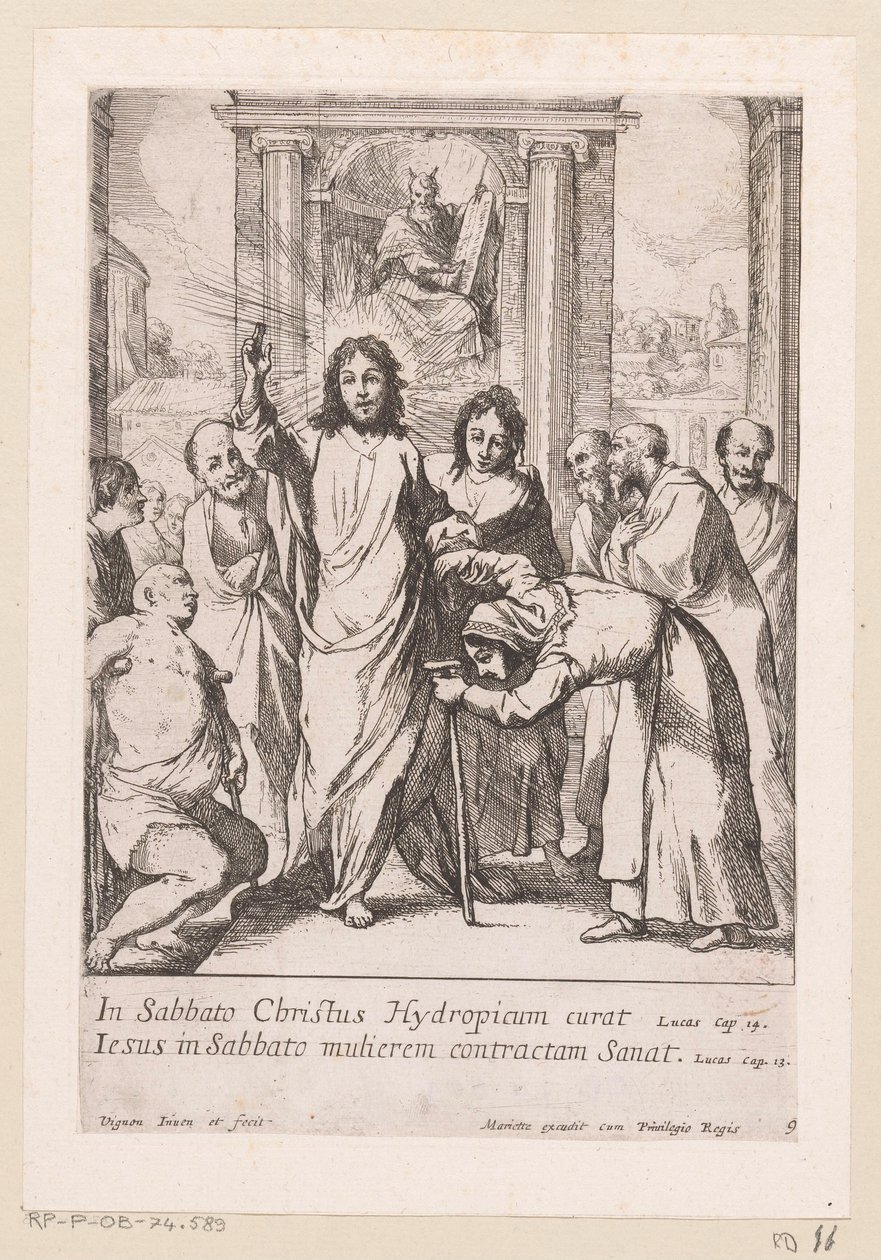 Helbredelse av den lamme mannen og den skjeve kvinnen på sabbaten Miracula Domini Nostri Jesu Christi (serietittel) Miracles of Christ (serietittel) av Claude Vignon