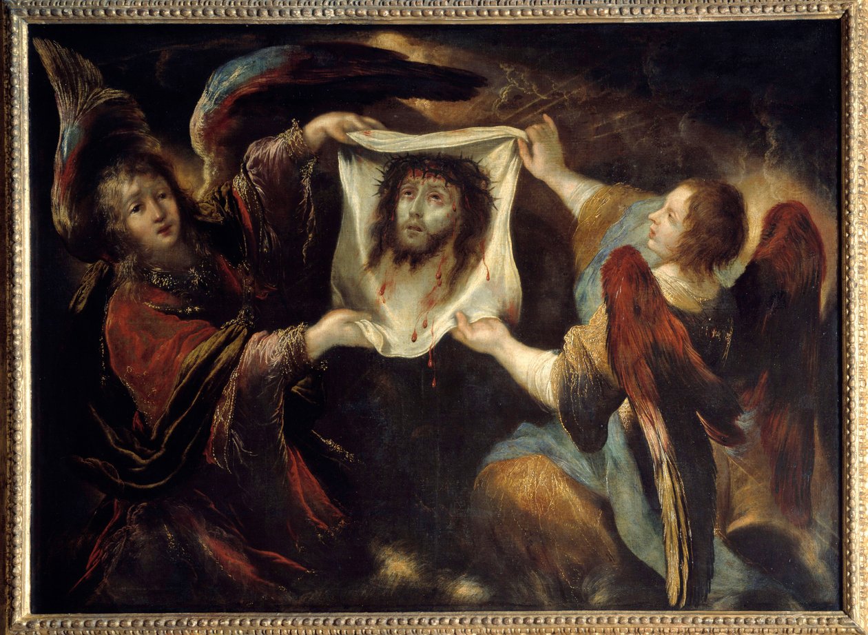To engler som presenterer det hellige ansiktet Kristi hode fra ansiktet, kronet med torner og aureolee, på lin av Saint Veronica som tørket ansiktet til Jesus (Hellig likklede). Maleri av Claude Vignon (1593-1670) 1640 Søn. 1,24x1,7 m Rouen, musee des Beau av Claude Vignon