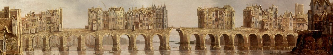 Detalj av Old London Bridge på oljemaleri fra 1632 View of London Bridge av Claude de Jongh