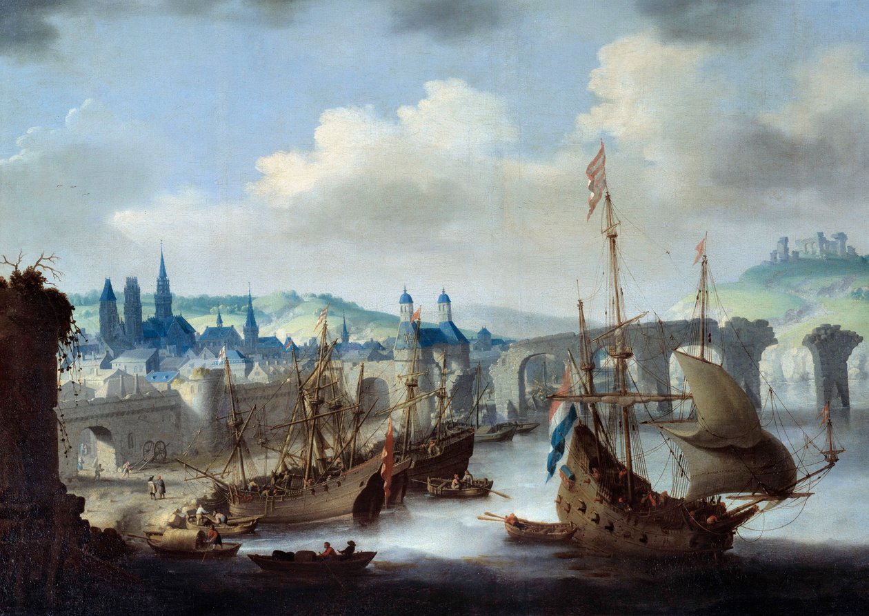 Utsikt over byen Rouen Skipene ligger fortøyd på bredden av Seinen. Maleri av Claude de Jongh av Claude de Jongh