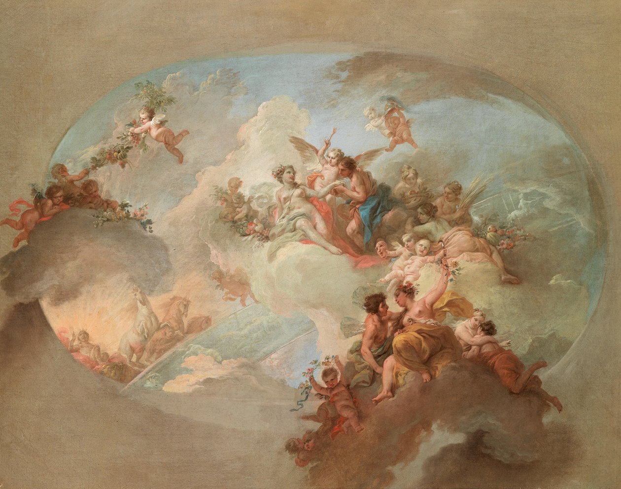 En allegori av sommer med flora og sefir, Mars og Venus, Apollos solvogn og stjernebildet Tvillingene, Bozzetto for et takmaleri av Claudio Francesco Beaumont