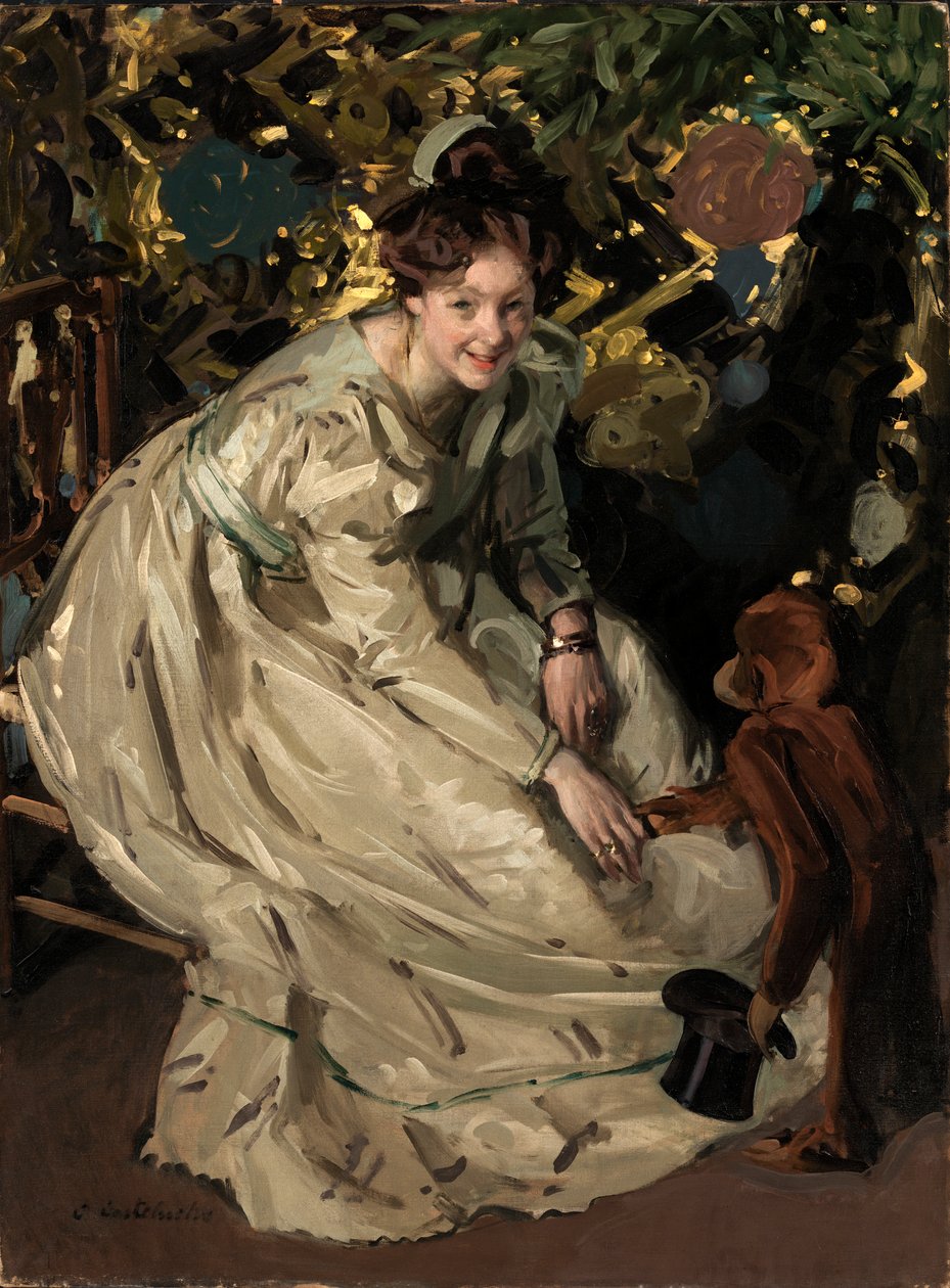 Woman in Arbor with Monkey, slutten av 1800-begynnelsen av 1900-tallet. av Claudio Castelucho