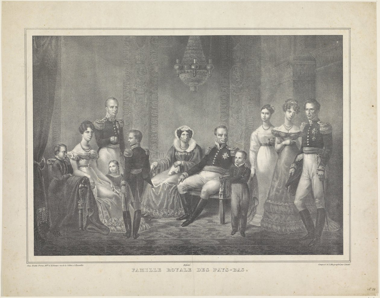 Familieportrett av William I Frederik, konge av Nederland, Wilhelmina av Preussen, deres sønner med koner, deres datter og fire barnebarn av Claudio Linati