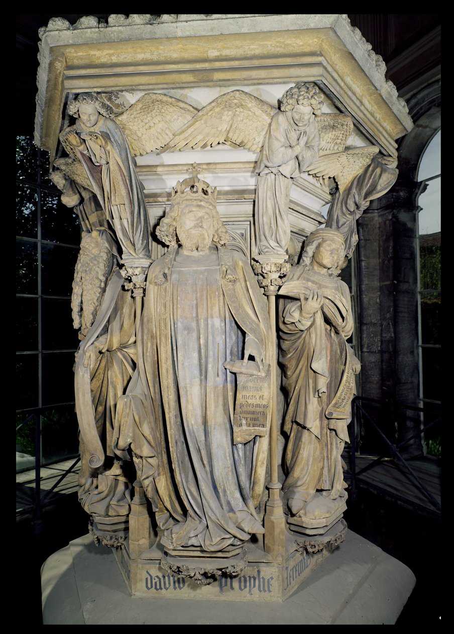 Kong David flankert av Moses og Jeremia, detalj av den sekskantede pidestallen til Moses-brønnen, 1395-1404 stein for detaljer se 86117-19 av Claus and Malouel, Jean Sluter