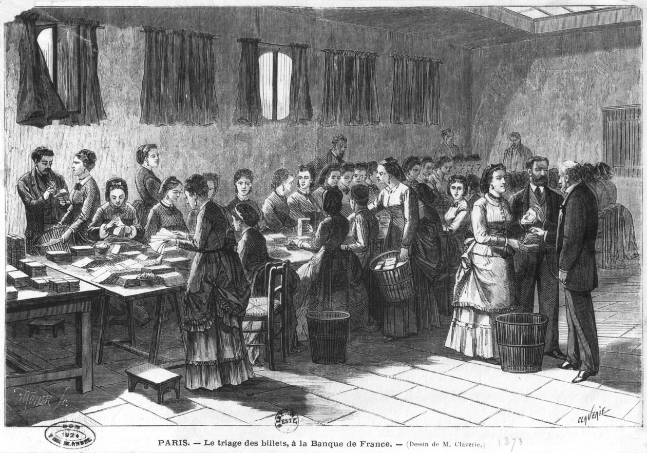 Sortering av sedlene ved Paris Bank of France, gravert av F. Mollet (1800-tallet) 1897 av Claverie