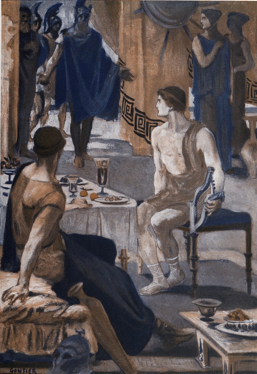 Akilles tar imot Agamemnons utsendinger. Illustrasjon av Clement Gontier (1876-1918) for Homeres «Iliaden» (Omero). Paris, Henri Laurens av Clement Gontier