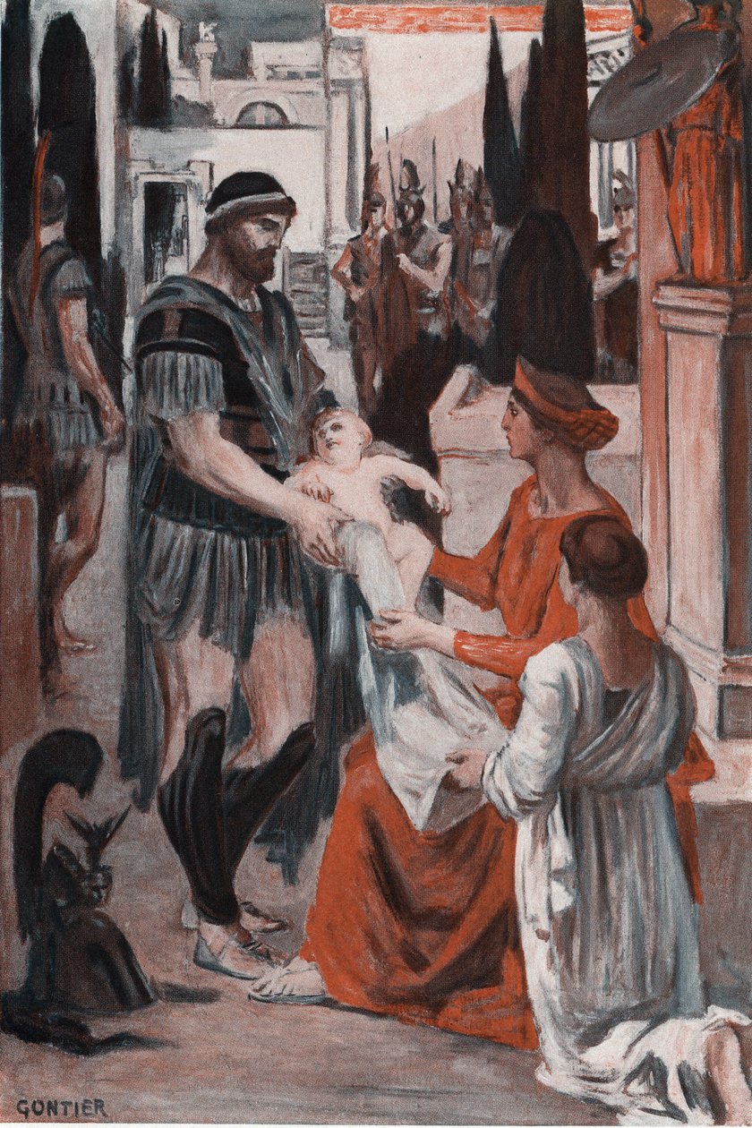 Hector og Andromaque farvel. Illustrasjon av Clement Gontier (1876-1918) for Homeres «Iliaden» (Omero). Paris, Henri Laurens av Clement Gontier