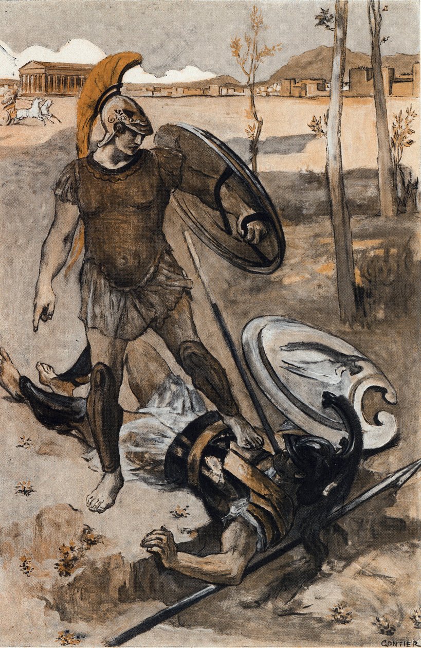 Hectors død: Hector blir drept av Achilles. Illustrasjon av Clement Gontier (1876-1918) for Homeres «Iliaden» (Omero). Paris, Henri Laurens av Clement Gontier