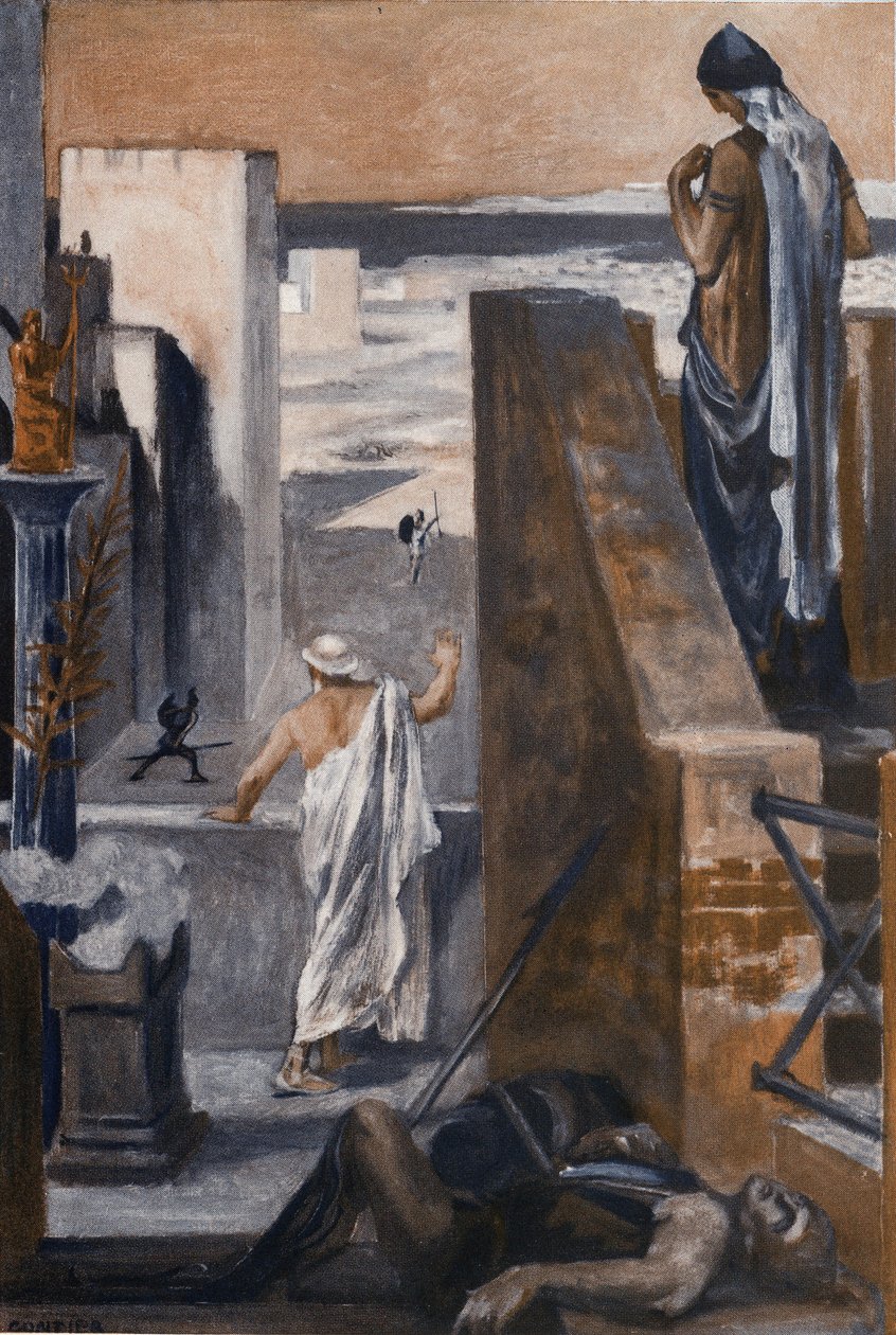 Hectors foreldre ber ham om å unngå kampen. Illustrasjon av Clement Gontier (1876-1918) for Homeres «Iliaden» (Omero). Paris, Henri Laurens av Clement Gontier