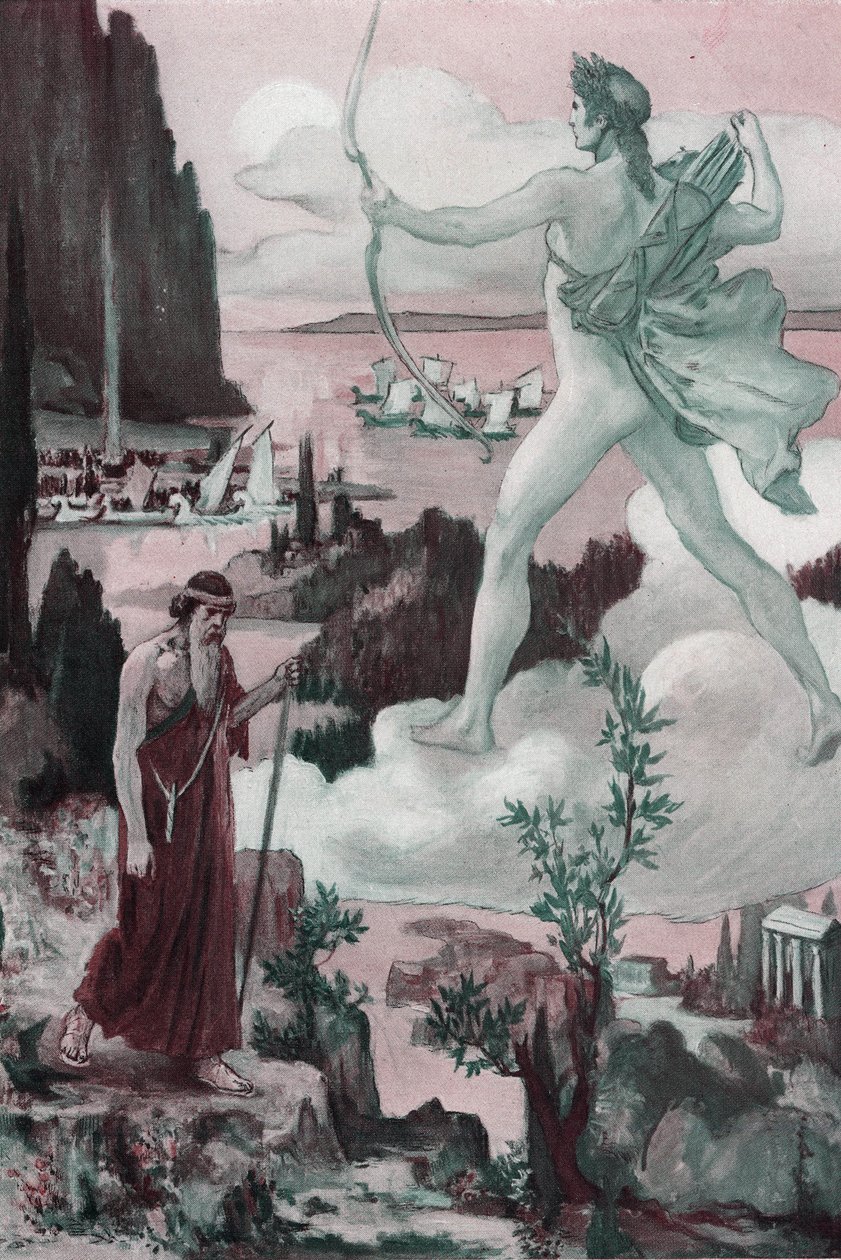 Påkallelse. Apollons sinne: Prest Chryses påkaller Apollo og sier: "La grekerne bli kastet bort, av dine piler, fra tårene de får meg til å felle!" . Illustrasjon av Clement Gontier (1876-1918) for Homeres «Iliaden» (Omero). Paris, Henri Laurens av Clement Gontier