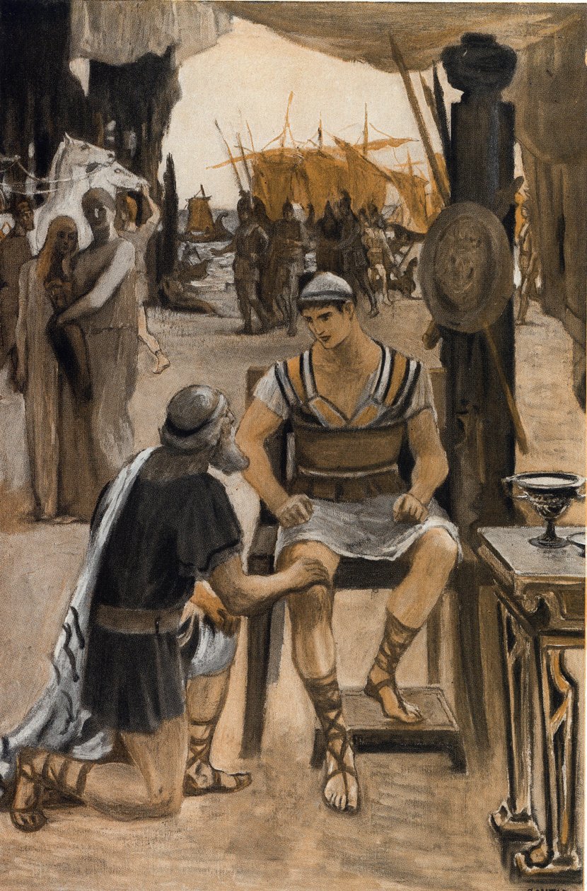 Priam rachete har Akilles kroppen til sønnen (Hector). Illustrasjon av Clement Gontier (1876-1918) for Homeres «Iliaden» (Omero). Paris, Henri Laurens av Clement Gontier