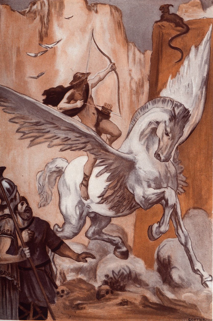 Bellerophons historie: Bellerophon på hesten Pegase dreper Chimere. Illustrasjon av Clement Gontier (1876-1918) for Homeres «Iliaden» (Omero). Paris, Henri Laurens av Clement Gontier