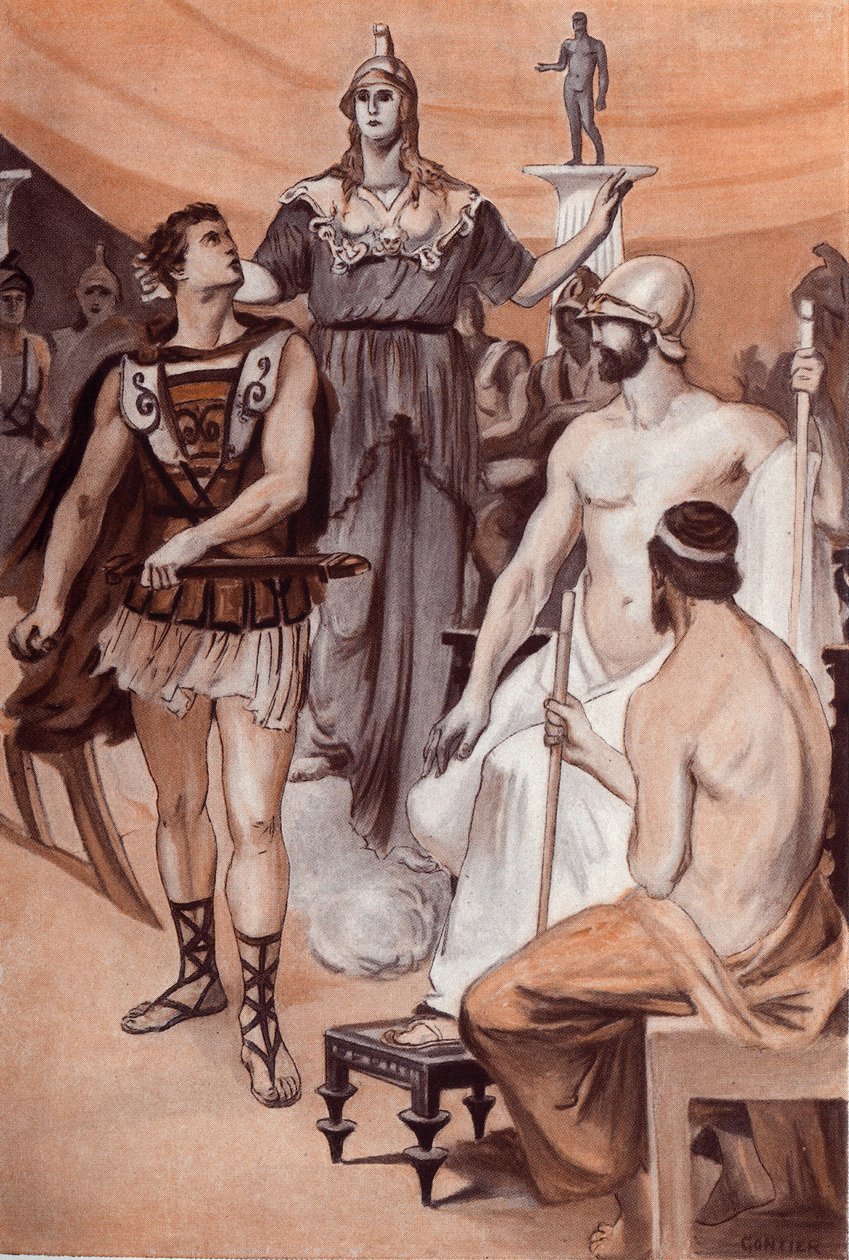 The Querelle of Achilles and Agamemnon: Minerva som steg ned fra himmelen kom nær bak Achilles, og grep ham i håret for å hindre ham i å trekke sverdet mot Agamemnon. Illustrasjon av Clement Gontier (1876-1918) for Homeres "Iliaden" (Omer av Clement Gontier