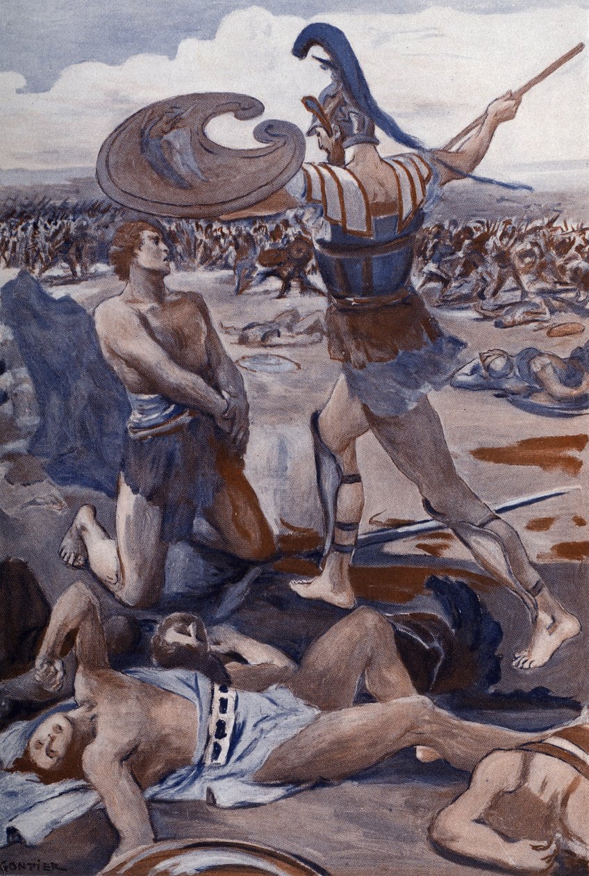 Patrocles død: Hector dreper Patrocles. Illustrasjon av Clement Gontier (1876-1918) for Homeres «Iliaden» (Omero). Paris, Henri Laurens av Clement Gontier