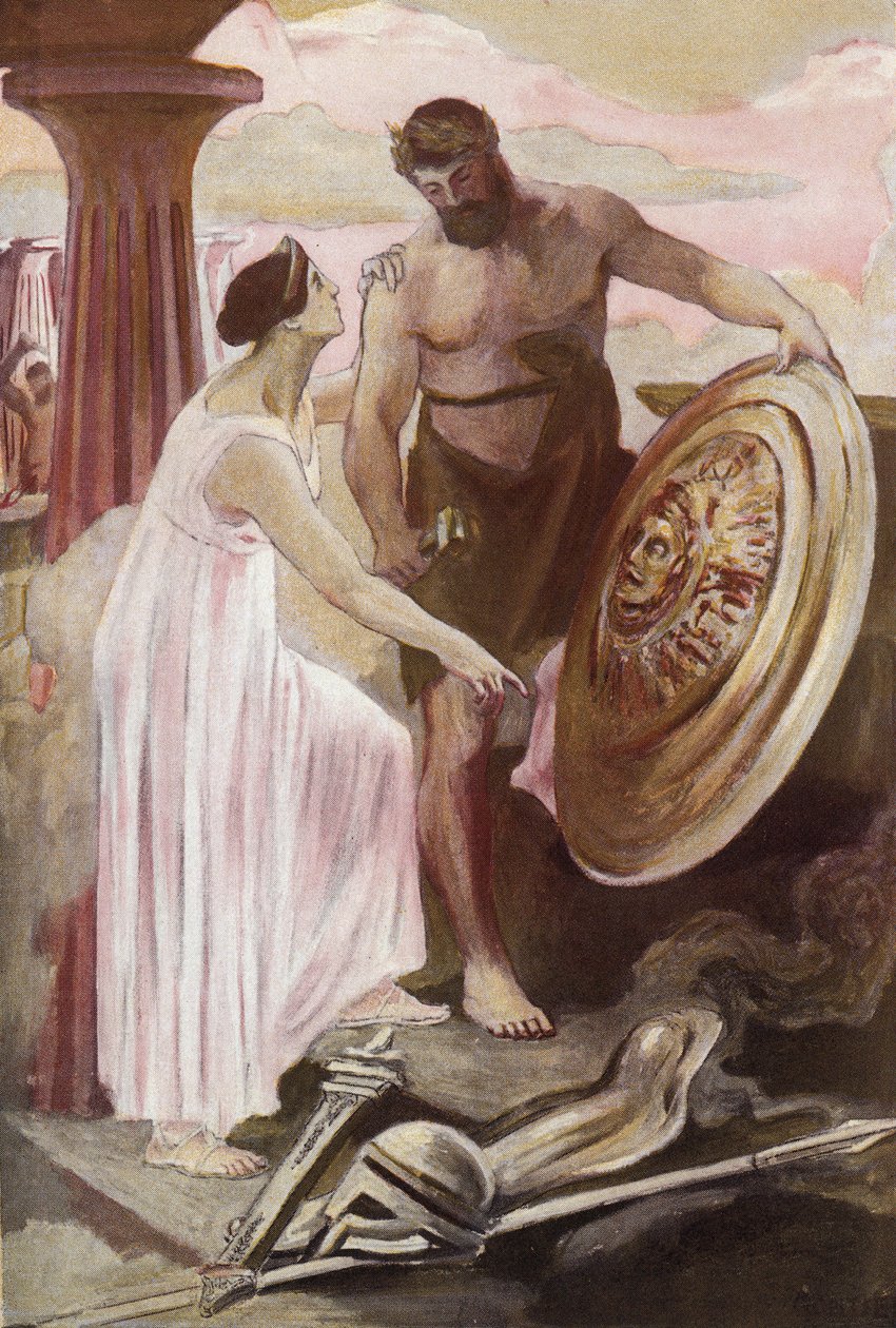 Akilles-skjoldet skapt av Vulcan. Illustrasjon av Clement Gontier (1876-1918) for Homeres «Iliaden» (Omero). Paris, Henri Laurens av Clement Gontier