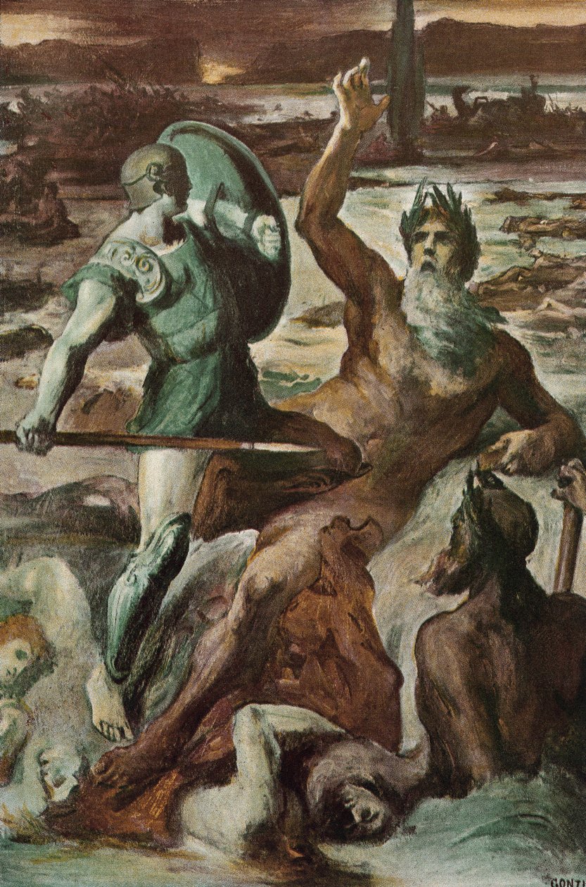 Kampen til Achilles og Scamander-elven. Illustrasjon av Clement Gontier (1876-1918) for Homeres «Iliaden» (Omero). Paris, Henri Laurens av Clement Gontier