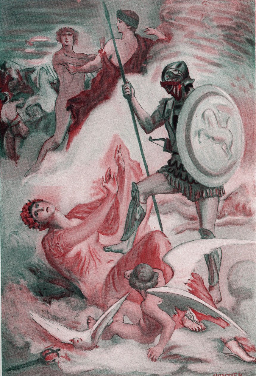 Venus ble skadet av Diomede som prøvde å redde sønnen Enee. Illustrasjon av Clement Gontier (1876-1918) for Homeres «Iliaden» (Omero). Paris, Henri Laurens av Clement Gontier
