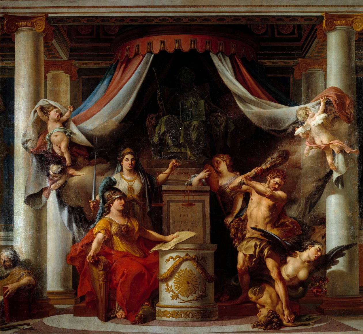 Allegori om revolusjonen: i sentrum gir Minerve Hercules hemmeligheten som avskaffer lastene til det gamle regimet Maleri av Clement Belle (1722-1806) 1794 Søn. 3,56x3,86 m av Clement Louis Marie Anne Belle
