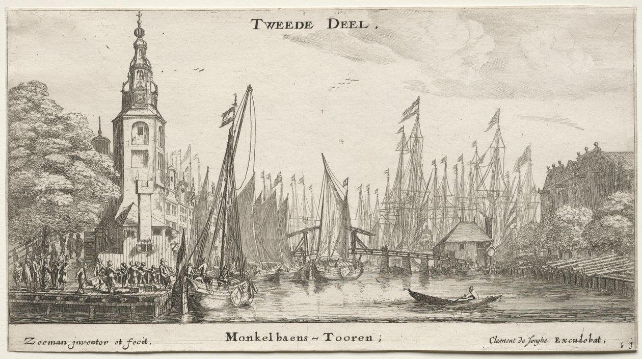 Ulike skip og utsikt over Amsterdam (Verscheÿde Schepen en Gesichten van Amstelredam), del II: Kanal nær Amsterdam og Monkeltårnet av Clement de Jonghe