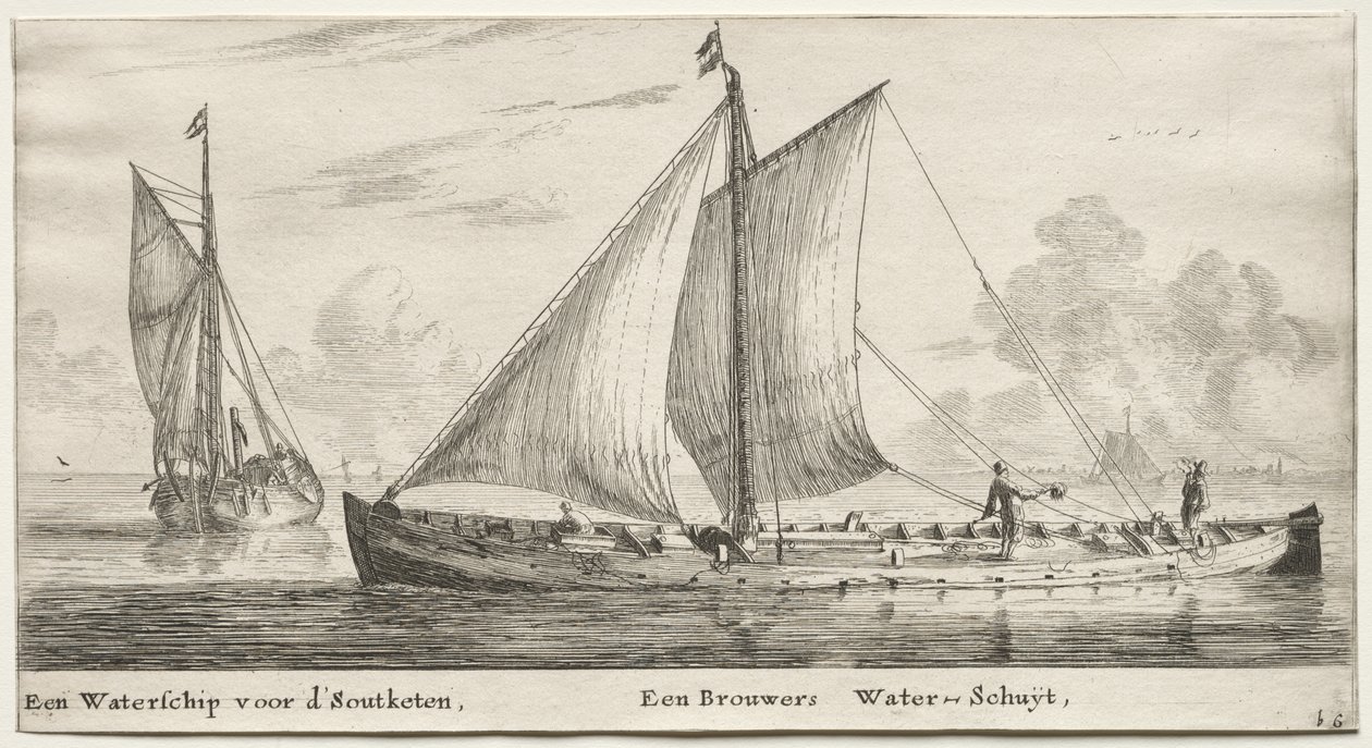 Ulike skip og utsikt over Amsterdam (Verscheÿde Schepen en Gesichten van Amstelredam), del II: Et vannskip på vei til Soutketen. Et bryggervannskip av Clement de Jonghe